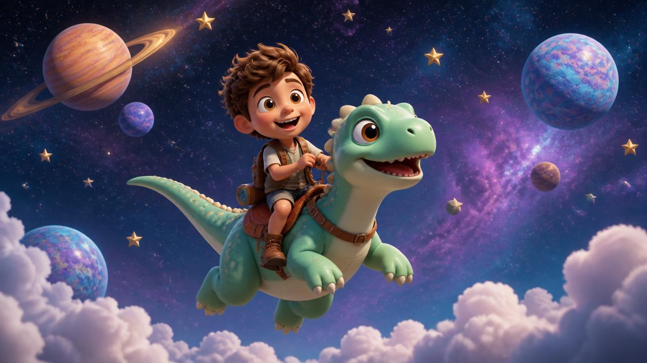 A child riding a friendly dinosaur through a colorful jungle