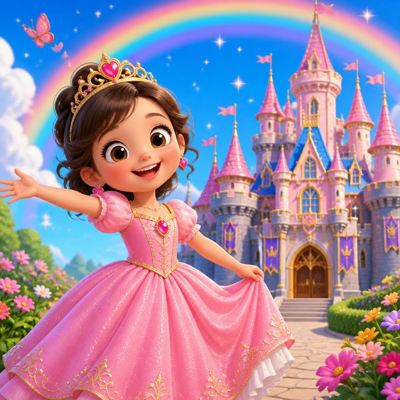 A child in a princess dress in front of a sparkling castle