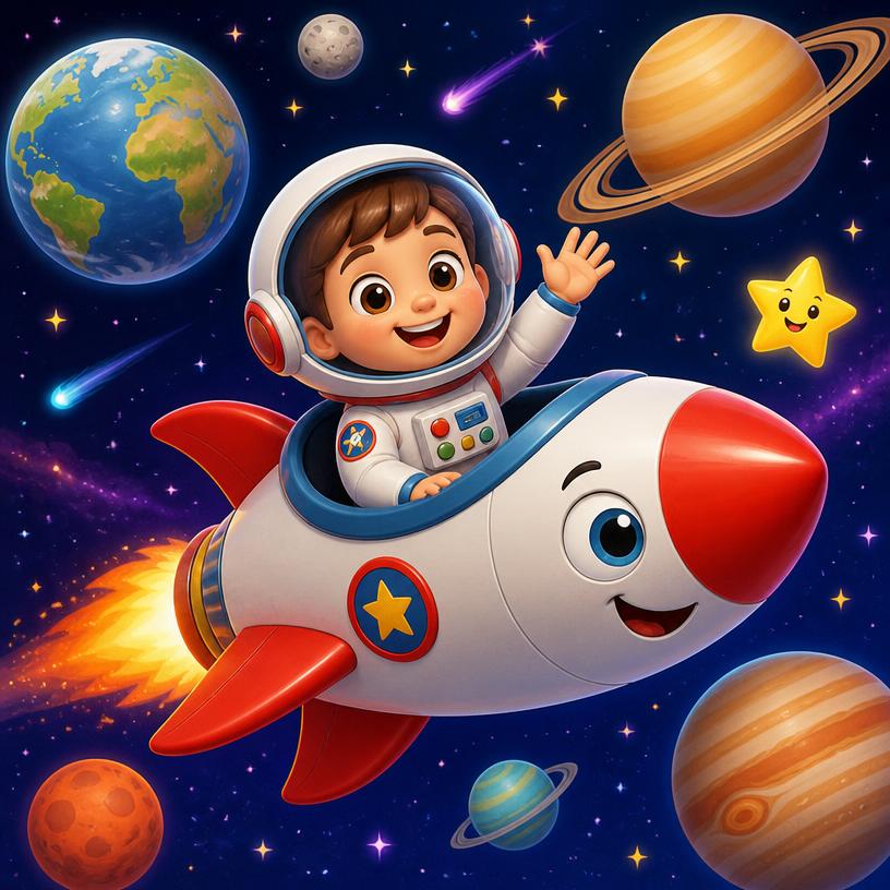 A child astronaut flying a cheerful rocket past planets and stars